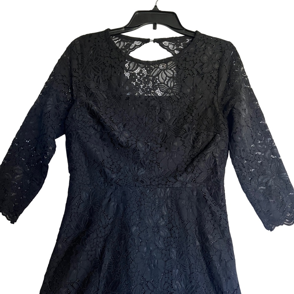 LOFT Black Lace Keyhole Back 3/4 Sleeve Fit‎ Flare Dress Size 4